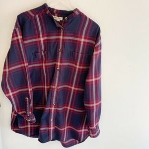 Eddie Bauer Women's Tall L Plaid Flannel Button Up Shirt Navy Pink Front Pockets